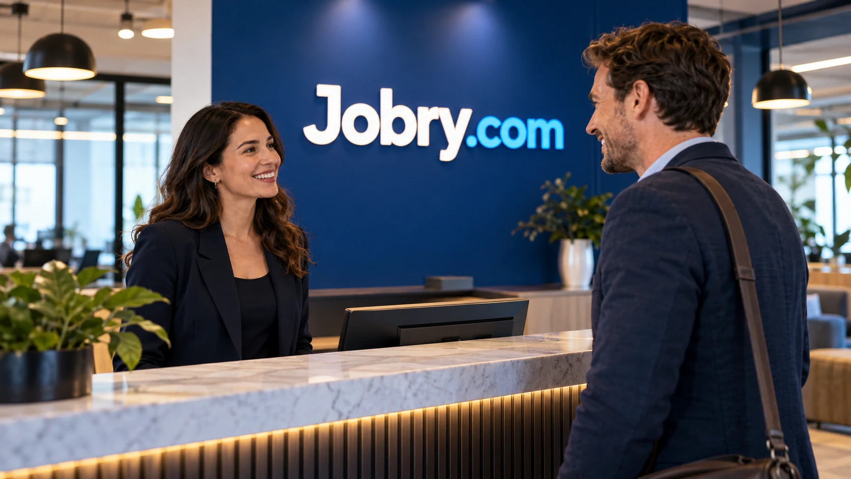 An employer and recruiter discussing a role in a modern meeting space